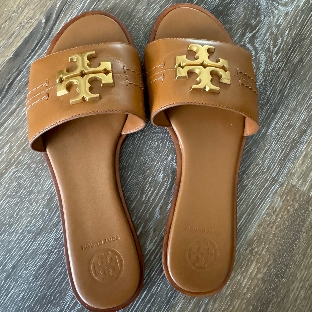 Tory Burch Tan Sandals with Gold Emblem